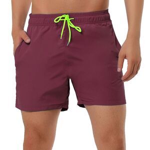Men's Summer Beach Solid Color Mesh Lining Drawstring Waist Swim Shorts Burgundy